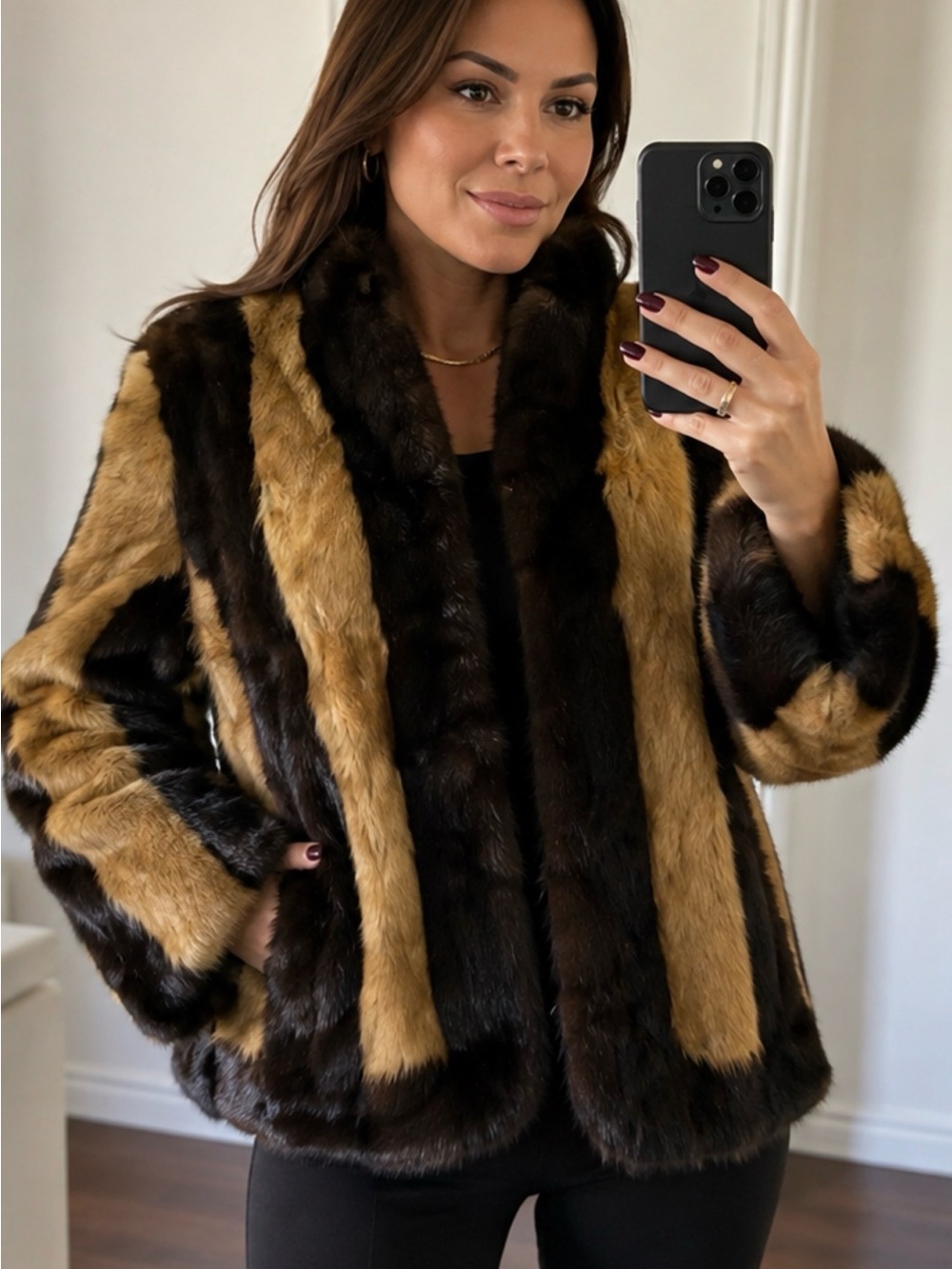 Vintage Genuine Fur Jacket Brown & Tan Striped Colorblock Size M